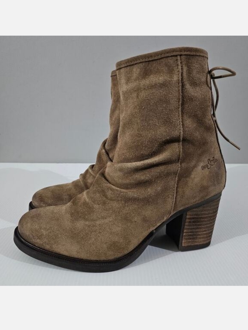 Bos. & Co. Barlow Water Resistant Ankle Boot EU 40 Brown Suede Ruched Heel NEW